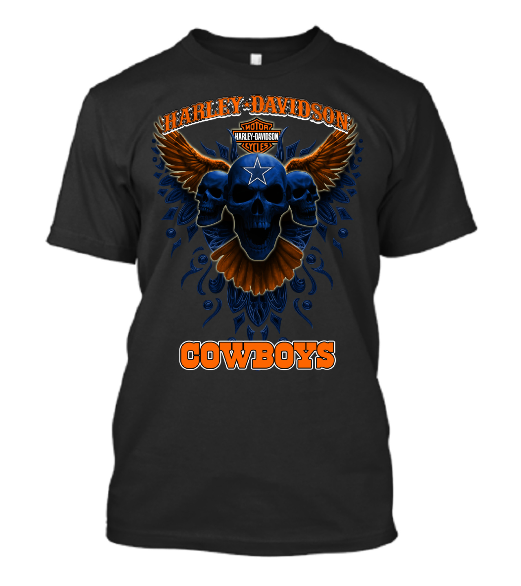 Harley Davidson Cowboys Motor Cycles Star Skull Wings T-Shirt