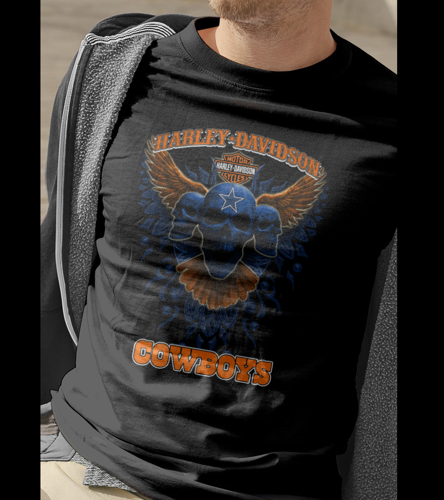 Harley Davidson Cowboys Motor Cycles Star Skull Wings T-Shirt