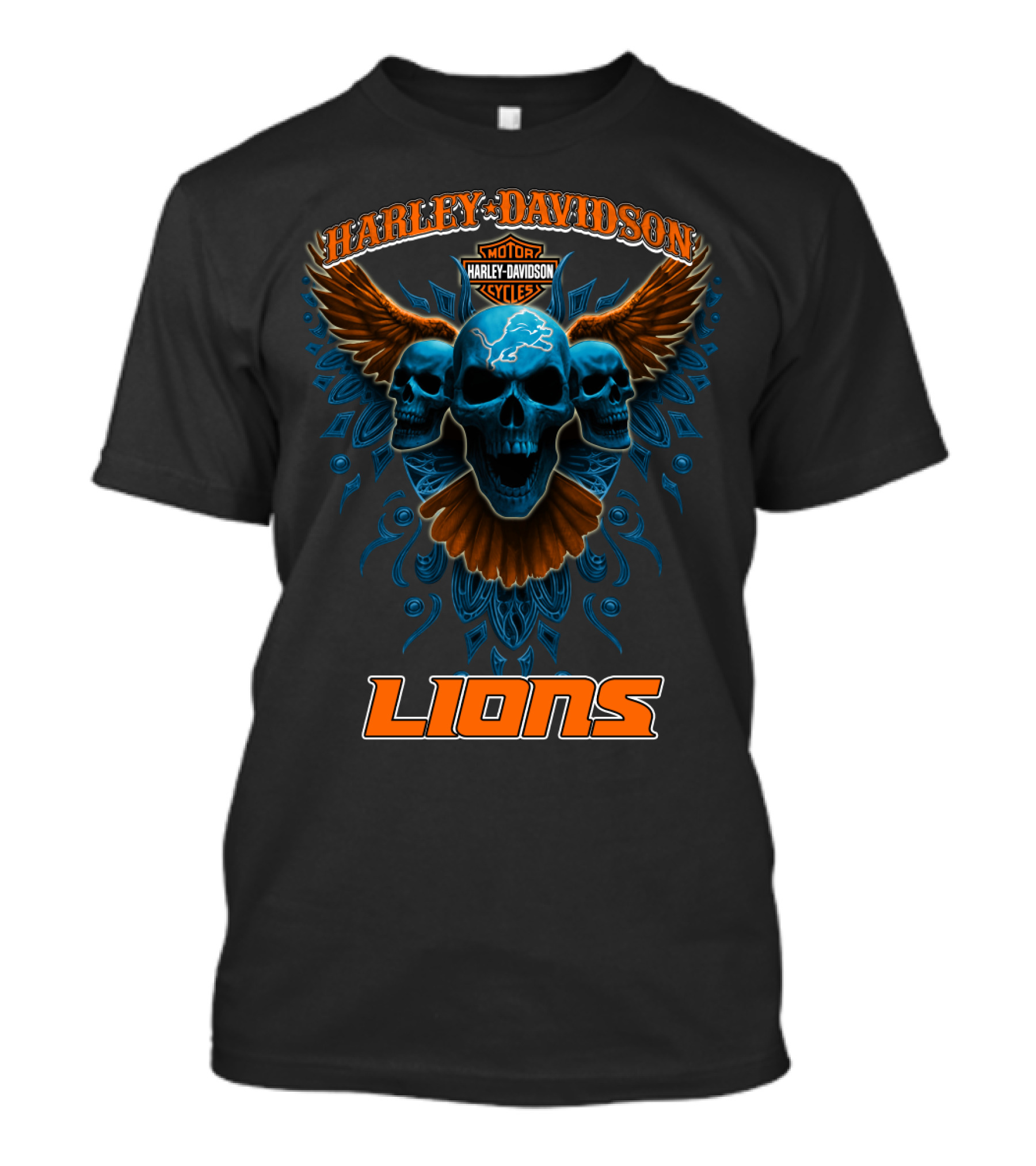 Harley Davidson Motor Cycles Detroit Lions Skulls Wings T-Shirt