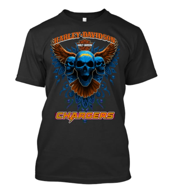Harley Davidson Motor Cycles Chargers Skulls Wings Orange Blue T-Shirt