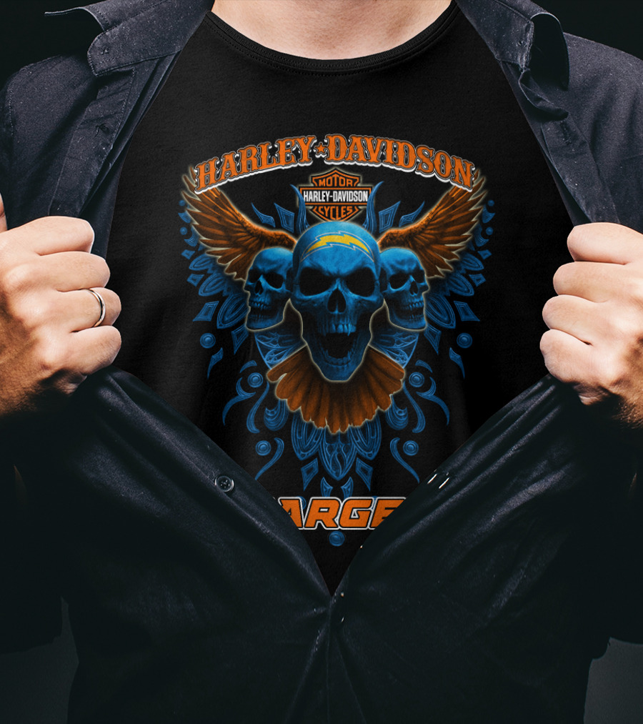 Harley Davidson Motor Cycles Chargers Skulls Wings Orange Blue T-Shirt