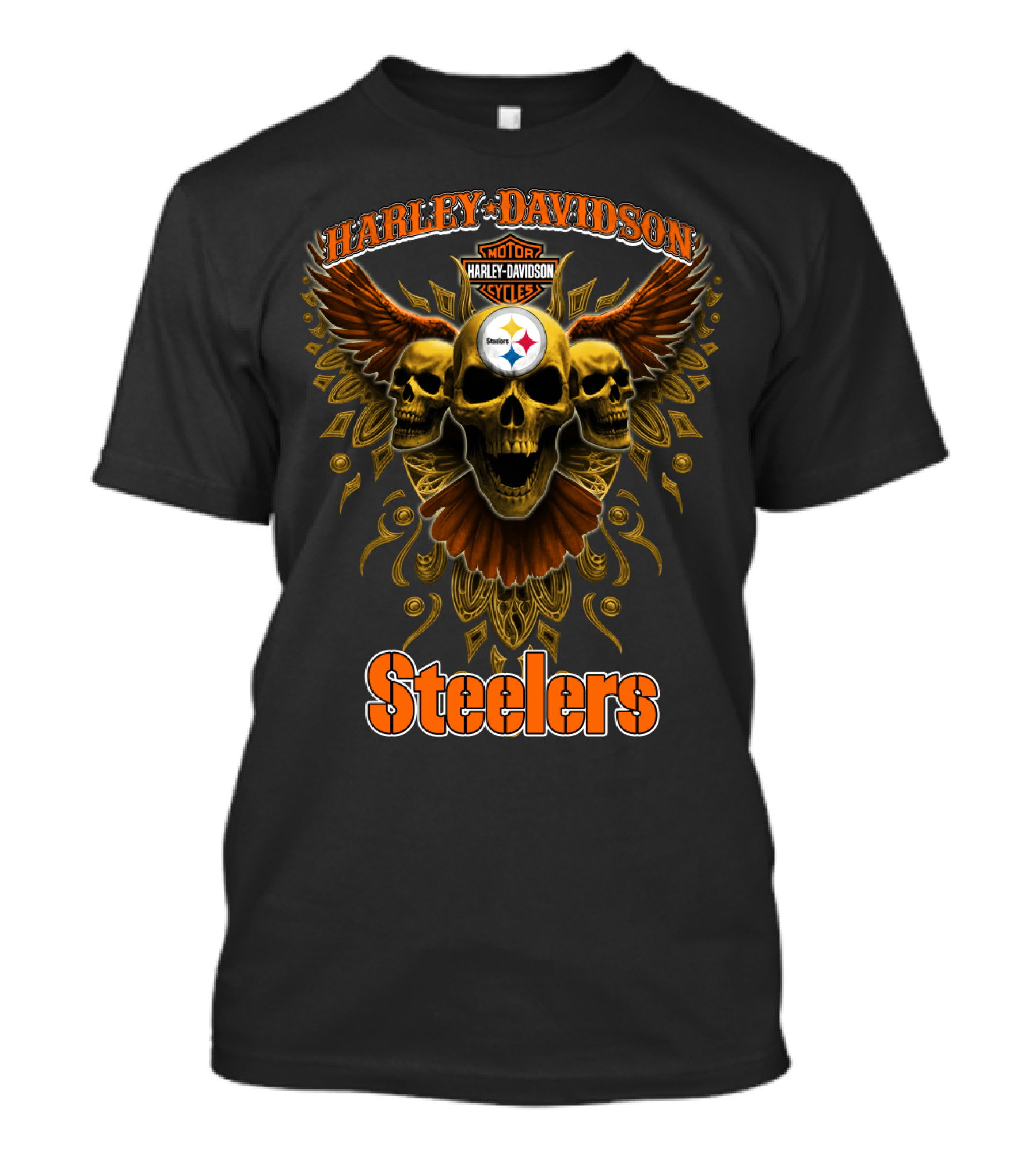 Harley Davidson Steelers Motor Cycles Skulls Wings T-Shirt