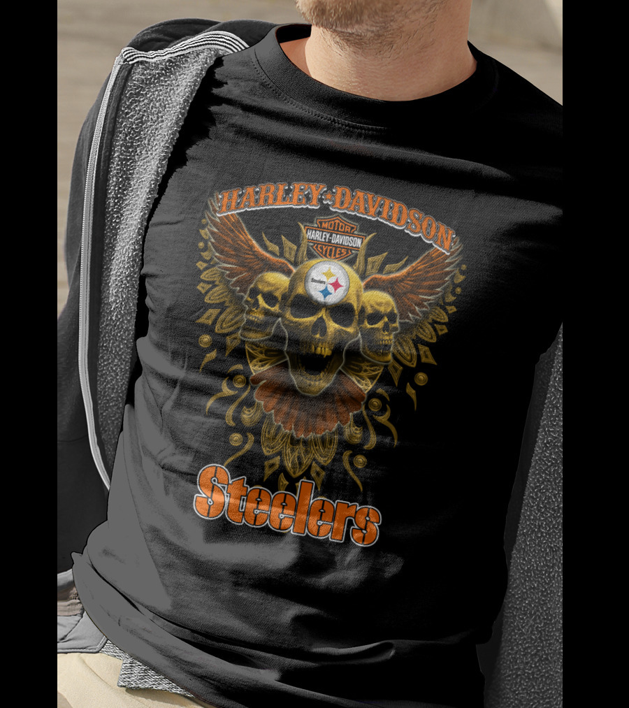 Harley Davidson Steelers Motor Cycles Skulls Wings T-Shirt