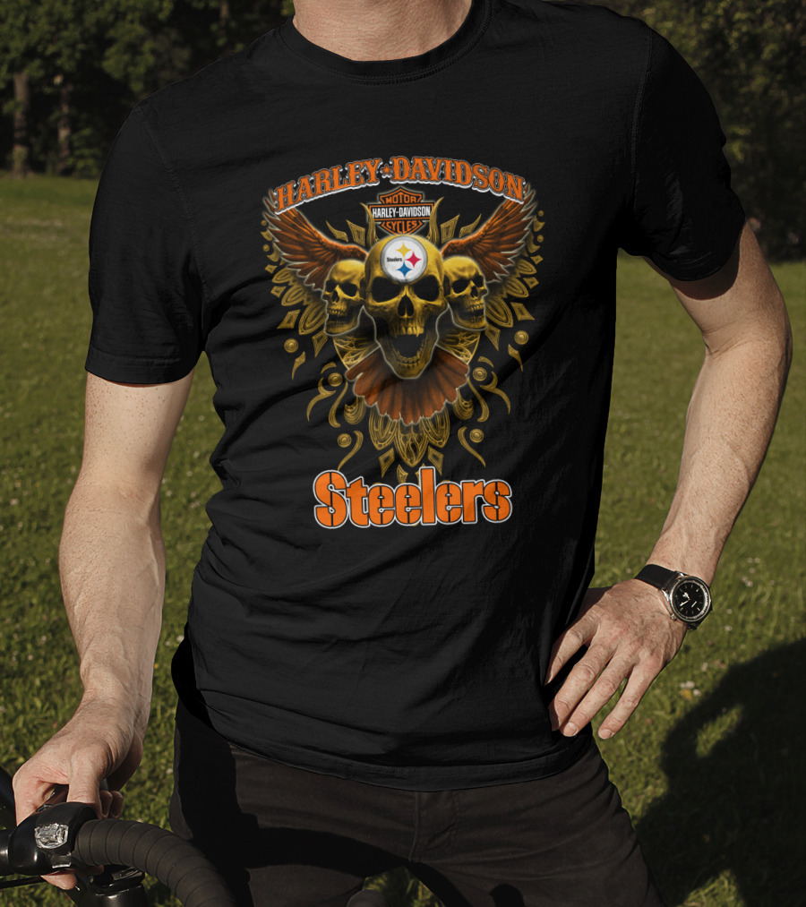 Harley Davidson Steelers Motor Cycles Skulls Wings T-Shirt