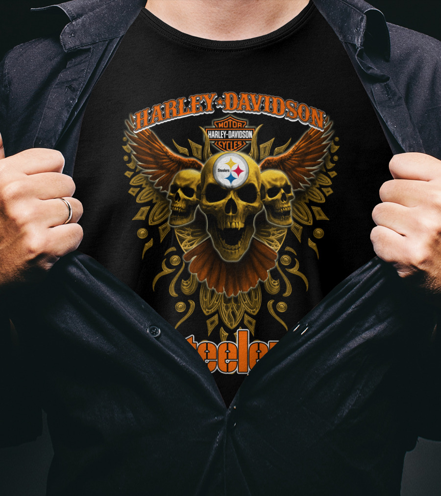 Harley Davidson Steelers Motor Cycles Skulls Wings T-Shirt