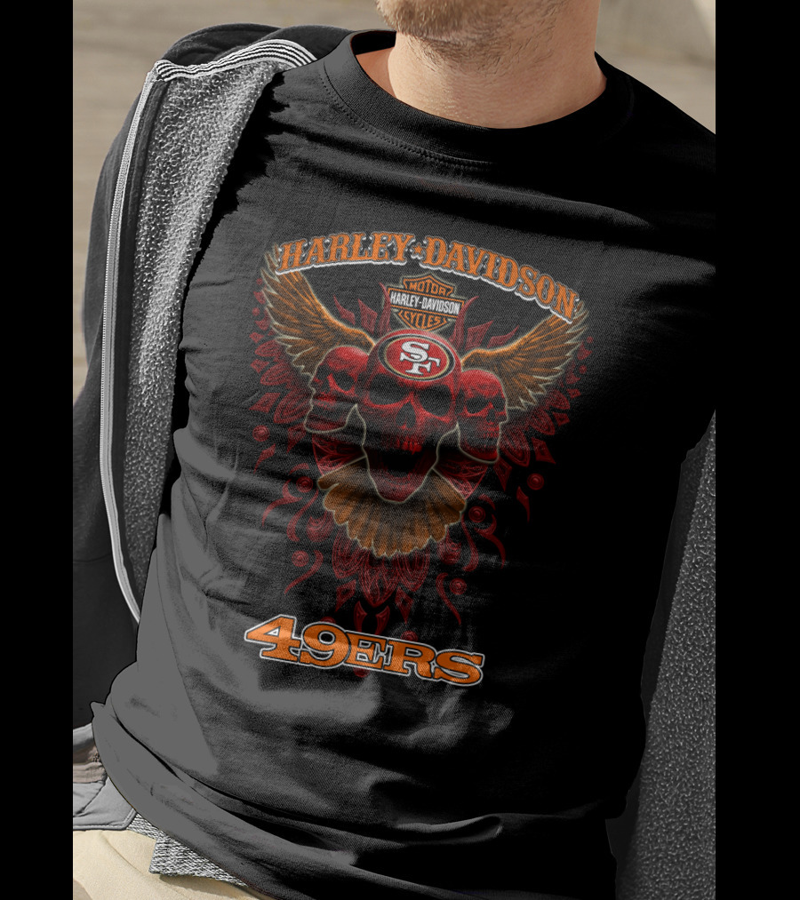 Harley Davidson Motor Cycles Sf 49ers Skulls Wings T-Shirt