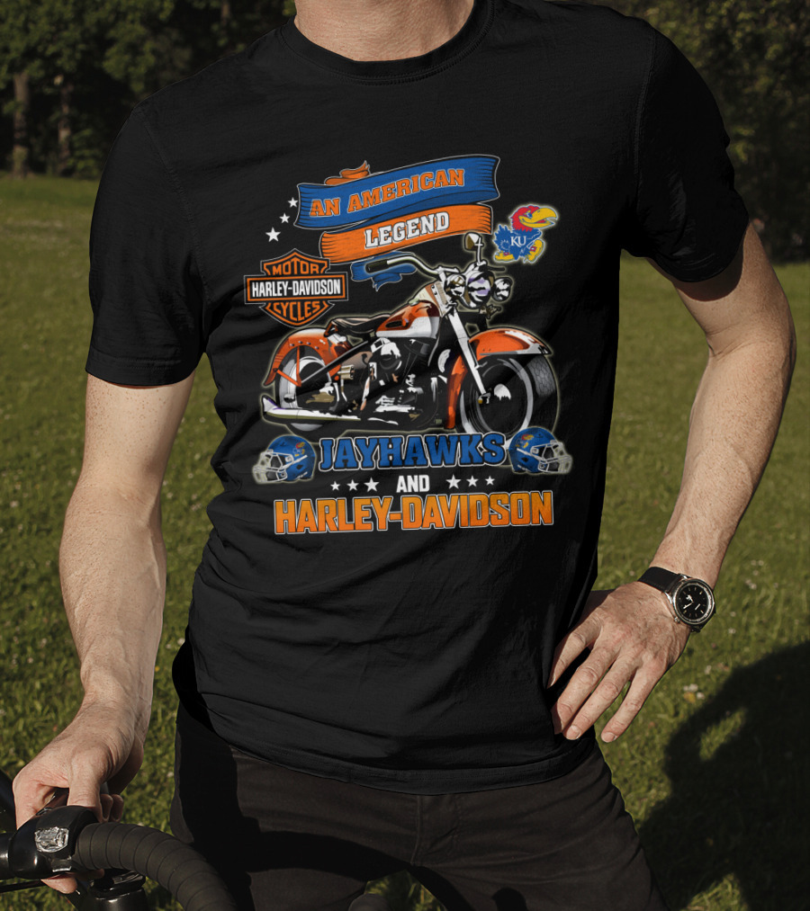 Kansas Jayhawks An American Legend Harley Davidson Motor Cycles Ku Football Helmets T-Shirt
