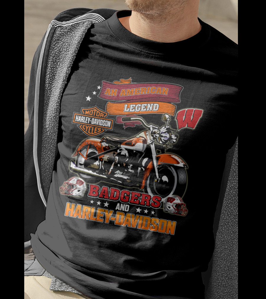 An American Legend Badgers Harley Davidson Motor Cycles W Logo Helmet T-Shirt