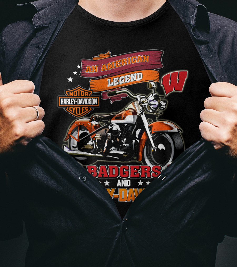 An American Legend Badgers Harley Davidson Motor Cycles W Logo Helmet T-Shirt