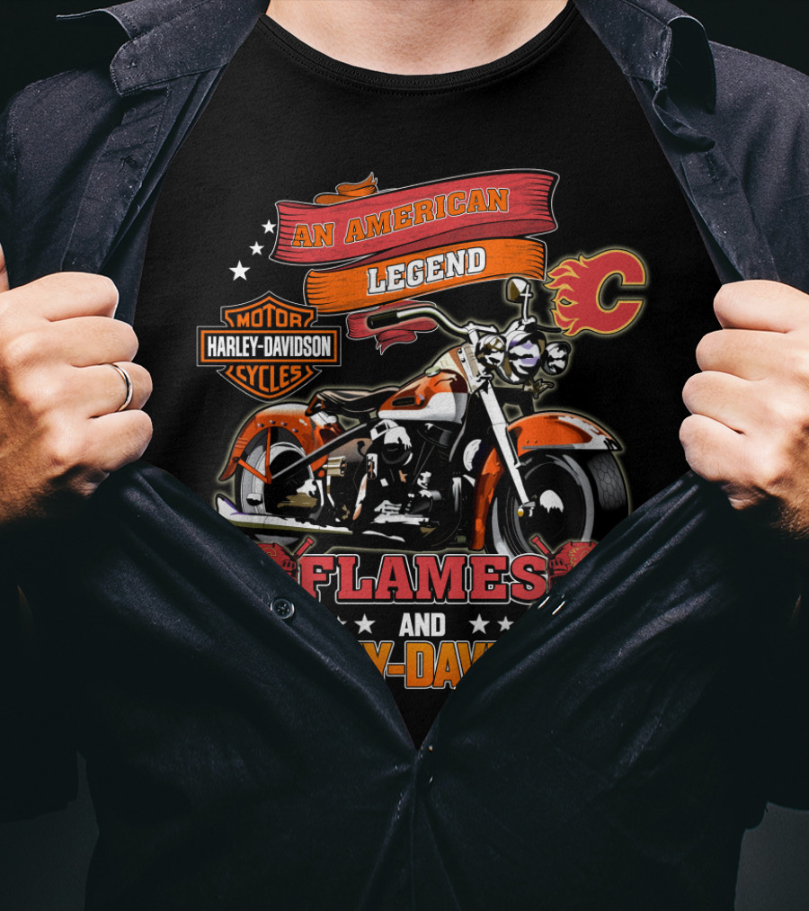 An American Legend Flames And Harley Davidson Calgary Nhl T-Shirt