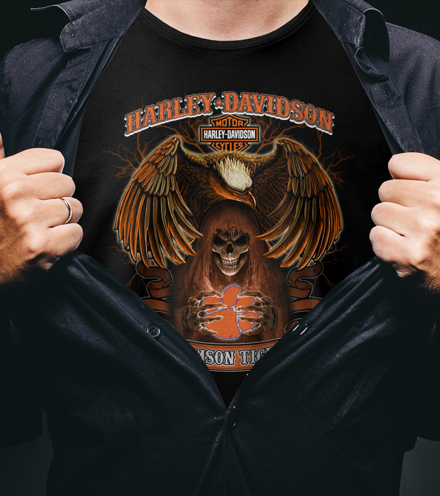 Harley Davidson Motorcycles Clemson Tigers Eagle Skeleton T-Shirt