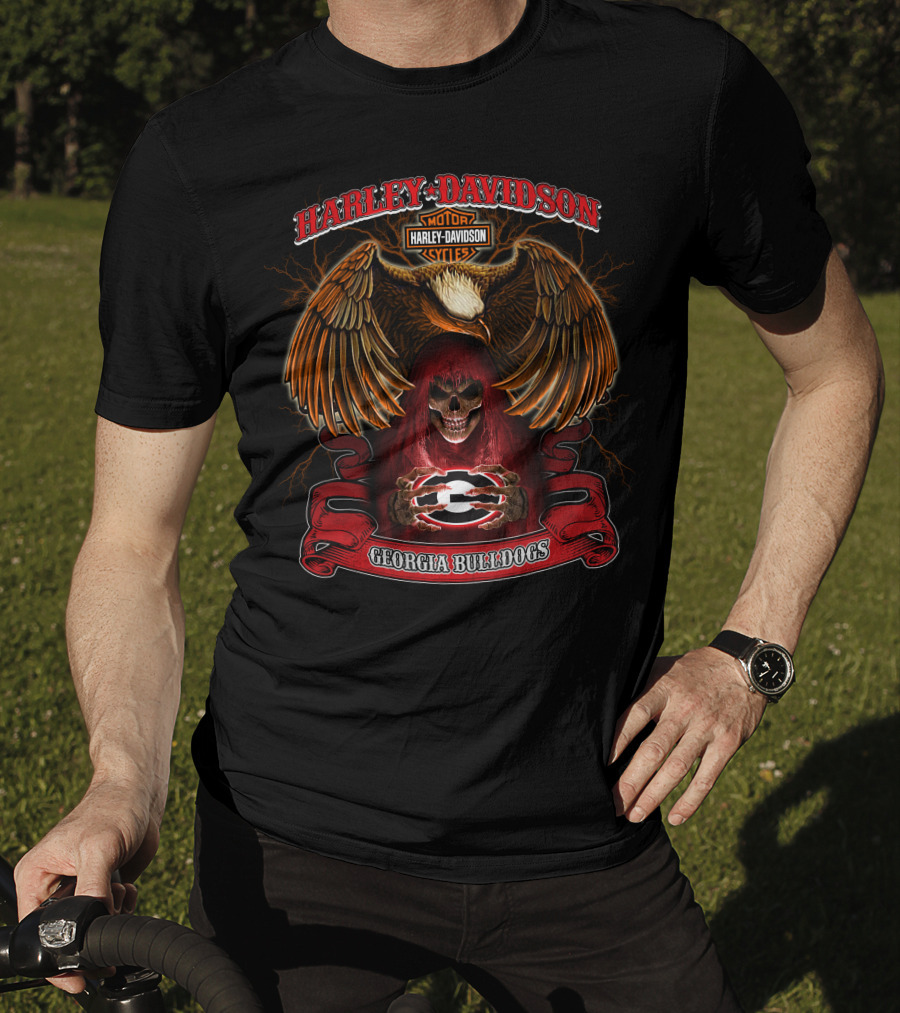 Harley Davidson Georgia Bulldogs Skull And Eagle Motorcycles T-Shirt