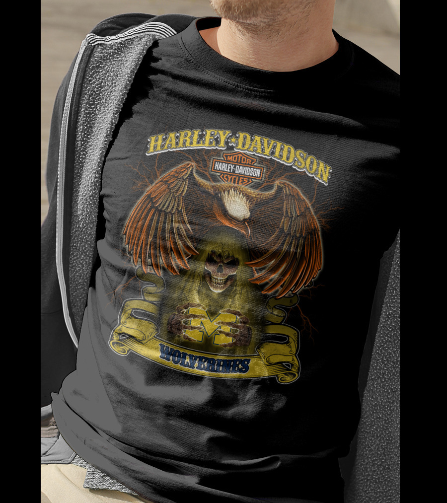 Harley Davidson Motorcycles Michigan Wolverines Ncaa Skull Eagle T-Shirt