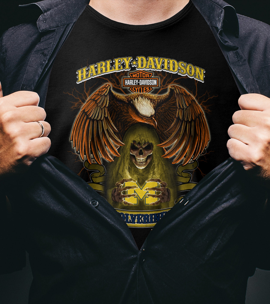 Harley Davidson Motorcycles Michigan Wolverines Ncaa Skull Eagle T-Shirt