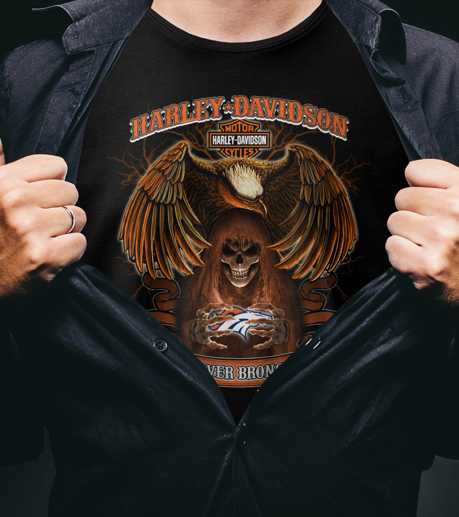 Harley Davidson Denver Broncos Nfl Moto Style Eagle Skull T-Shirt