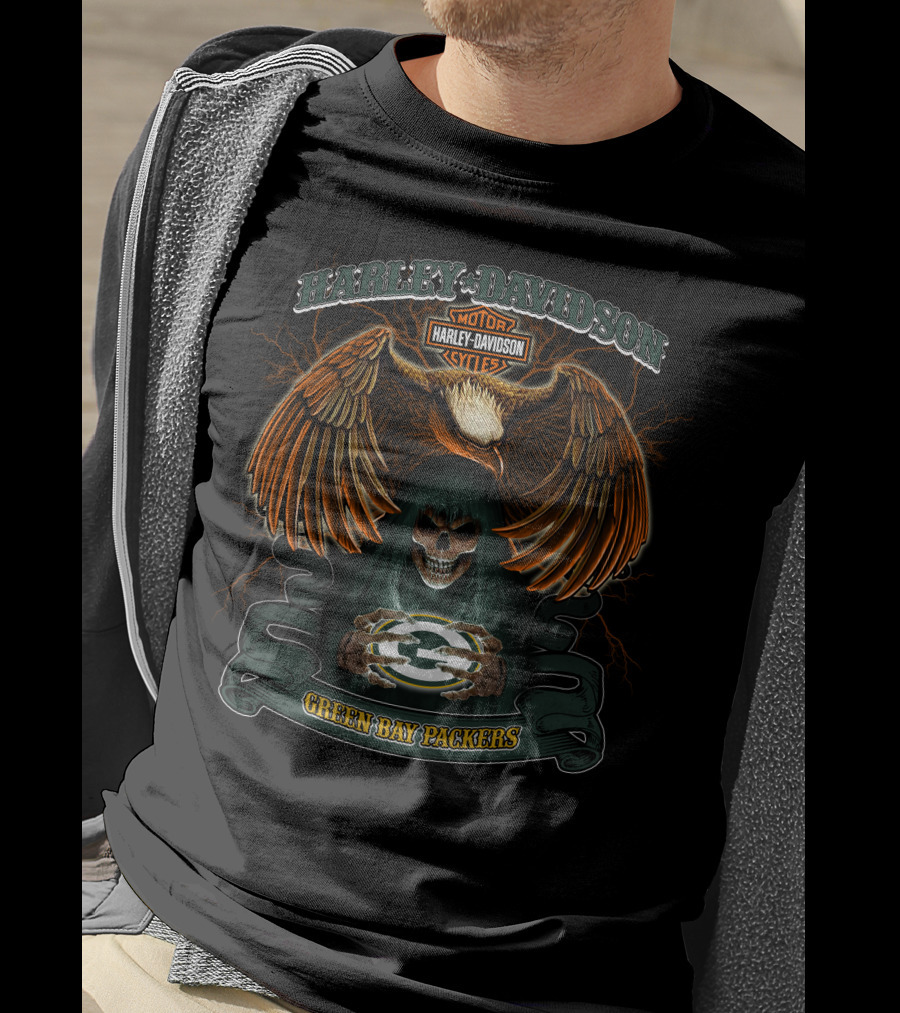 Harley Davidson Green Bay Packers Nfl Skull And Eagle T-Shirt