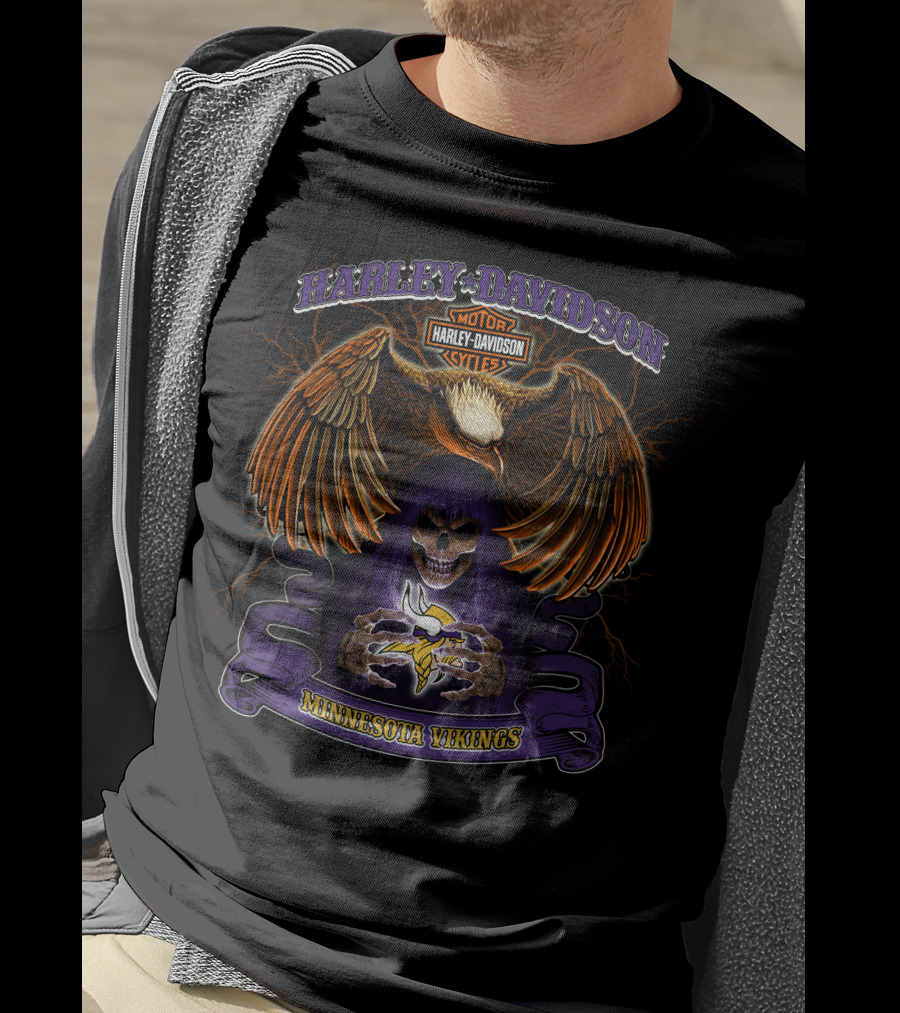 Harley Davidson Minnesota Vikings Nfl Skull And Eagle T-Shirt