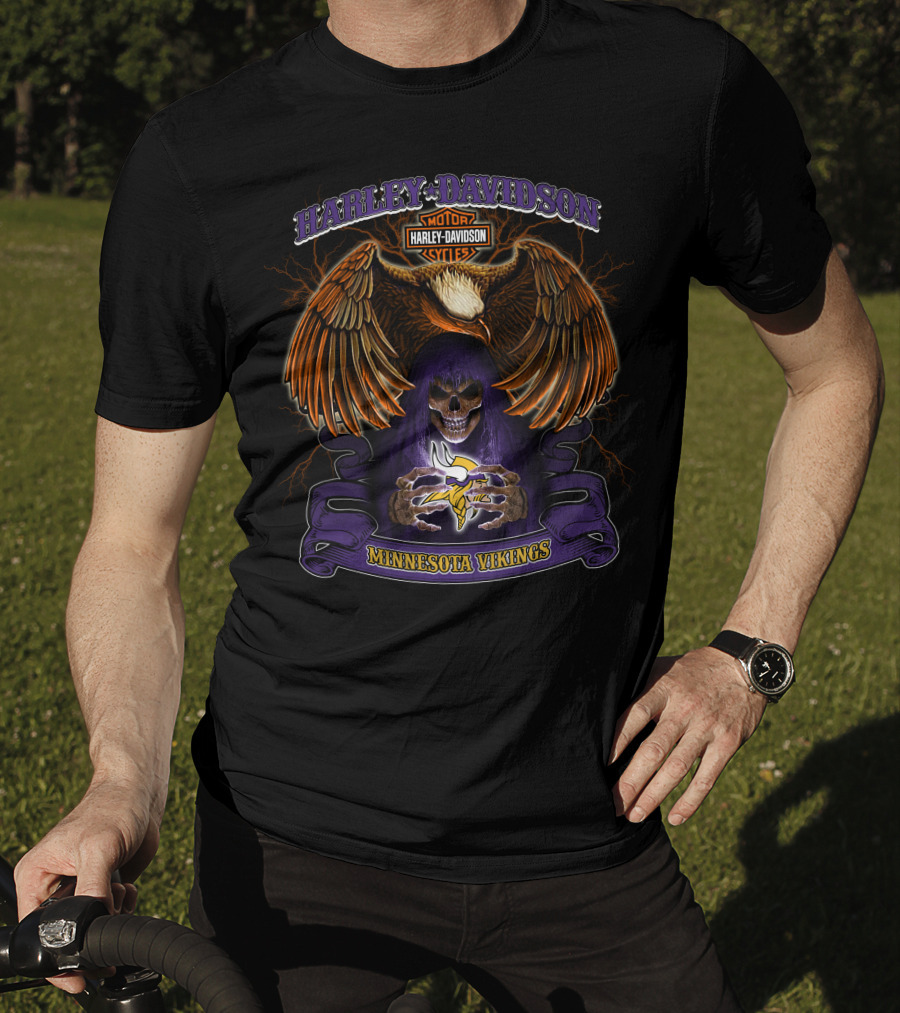 Harley Davidson Minnesota Vikings Nfl Skull And Eagle T-Shirt