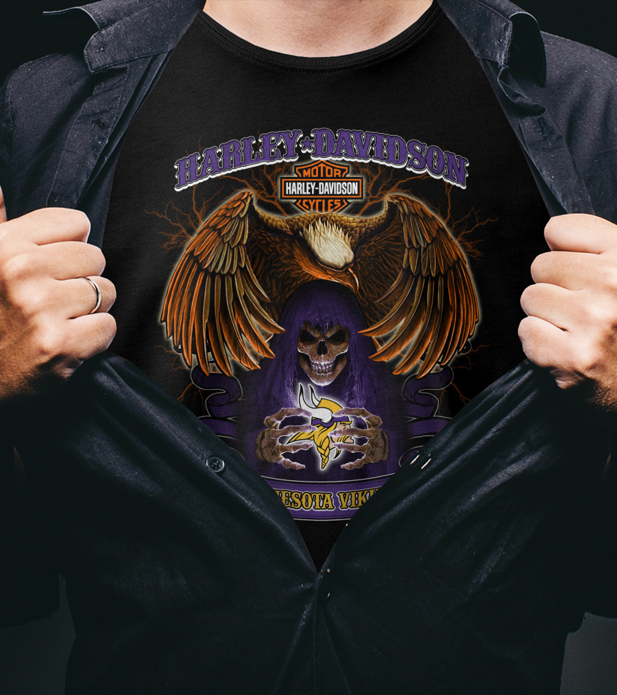Harley Davidson Minnesota Vikings Nfl Skull And Eagle T-Shirt