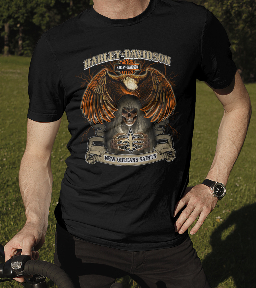 Harley Davidson Motorcycles New Orleans Saints Nfl Eagle And Skull T-Shirt