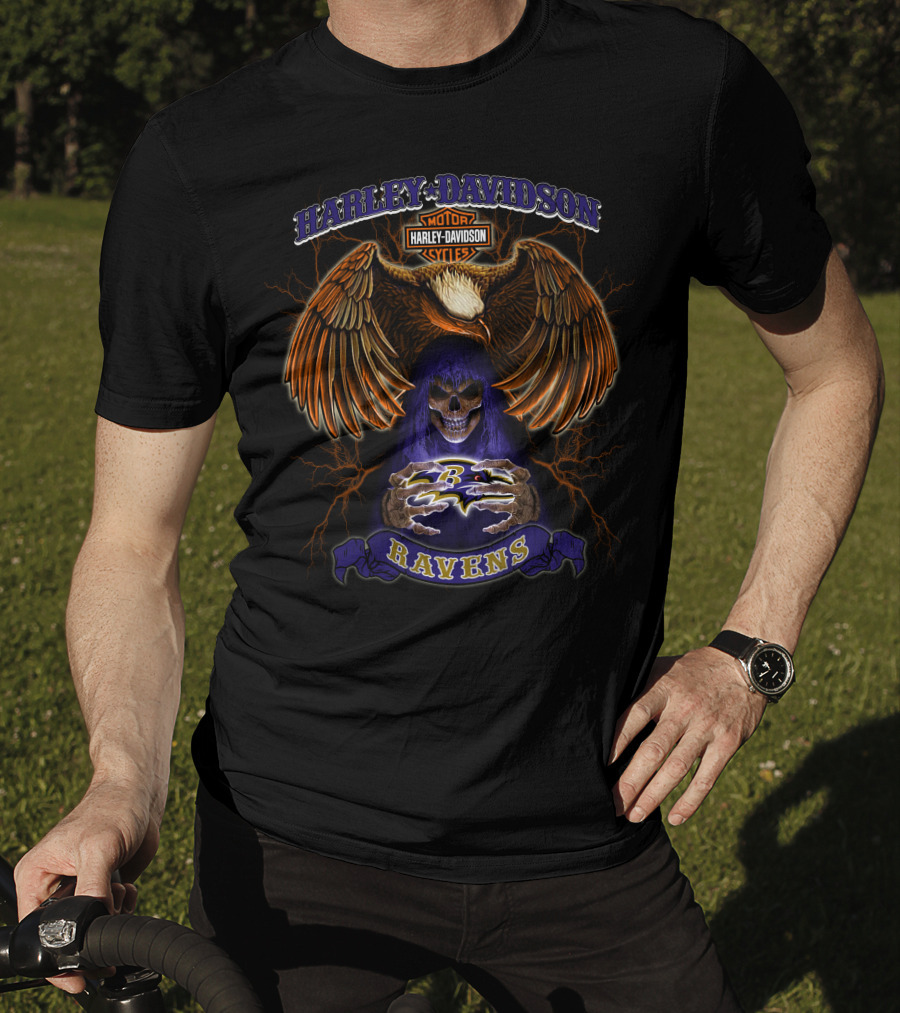 Harley Davidson Ravens Baltimore Nfl Lightning Skull Eagle Motif T-Shirt