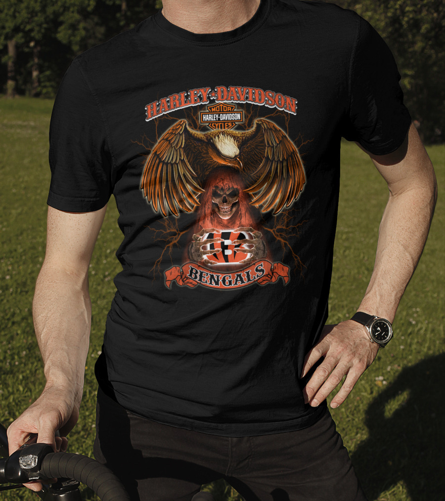 Harley Davidson Motor Cycles Cincinnati Bengals Eagle Skull T-Shirt