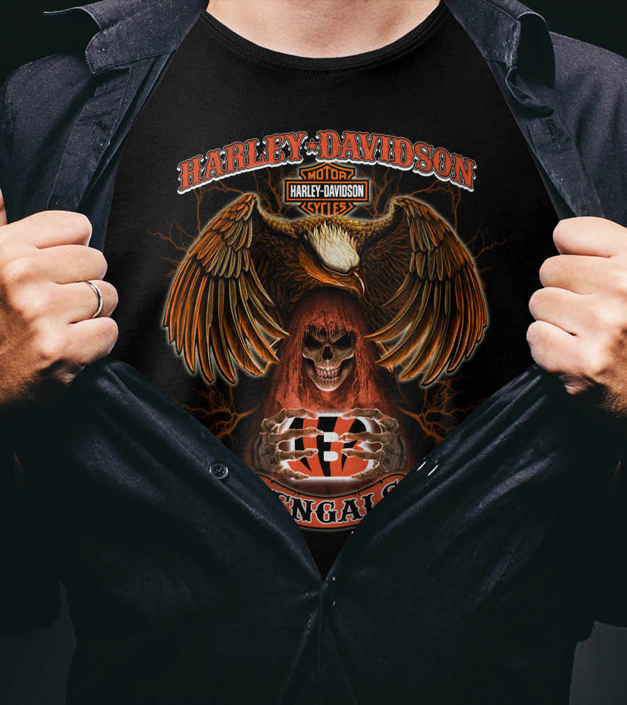 Harley Davidson Motor Cycles Cincinnati Bengals Eagle Skull T-Shirt