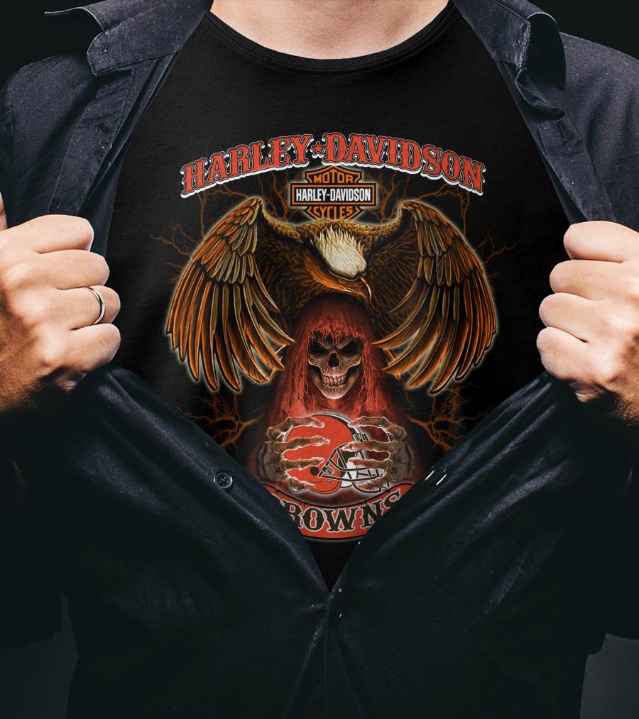 Harley Davidson Browns Nfl Cleveland Haunting Skull Eagle T-Shirt