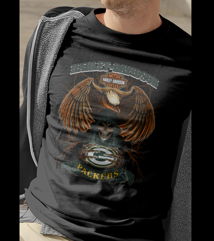 Harley Davidson Motor Cycles Packers Eagle Skull T-Shirt