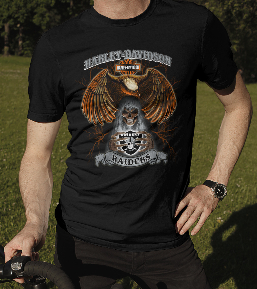 Harley Davidson Raiders Nfl Motorcycle Skull Eagle Lightning T-Shirt