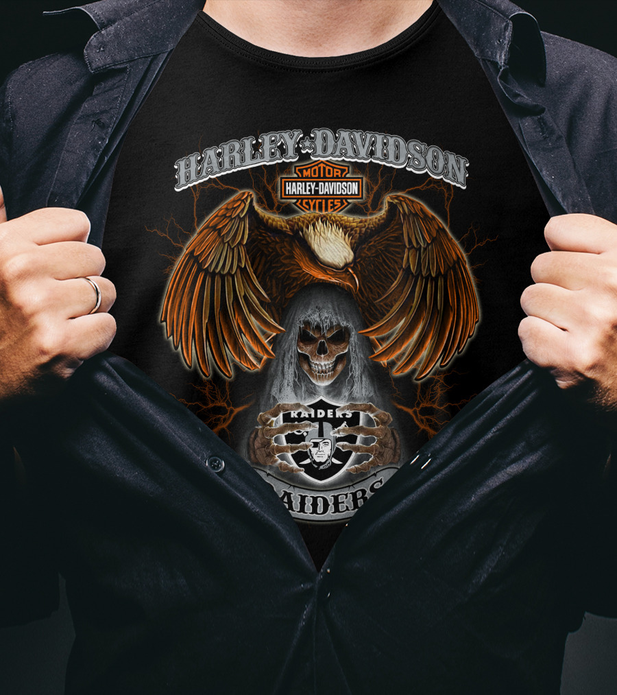 Harley Davidson Raiders Nfl Motorcycle Skull Eagle Lightning T-Shirt