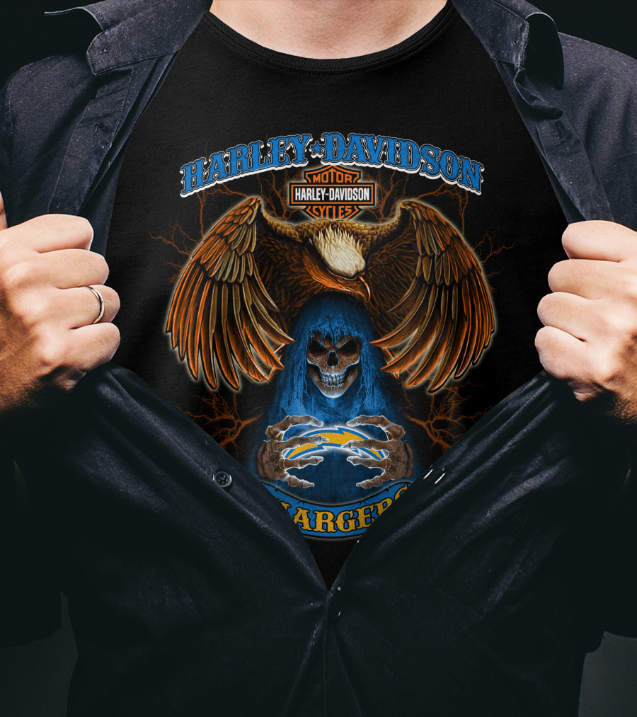 Harley Davidson Los Angeles Chargers Nfl Motorcycles Cycles Eagle Skeleton T-Shirt