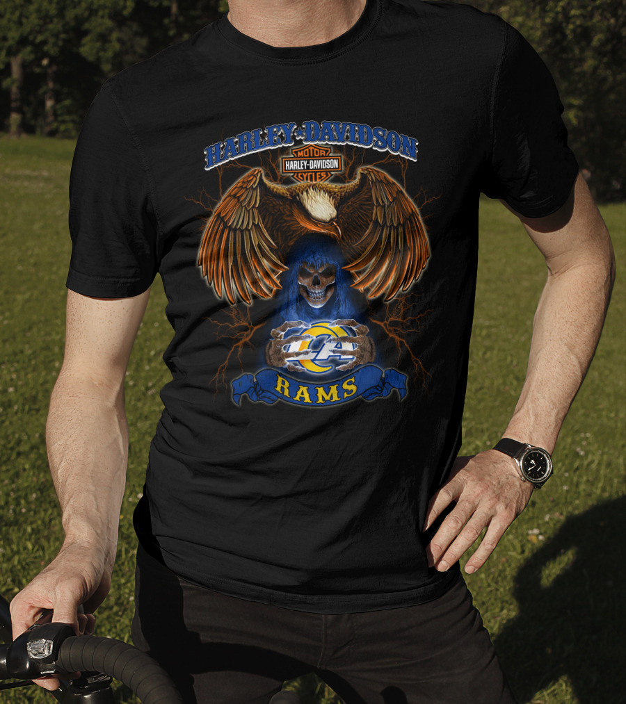 Harley Davidson Motorcycles Los Angeles Rams Nfl Eagle Skull T-Shirt