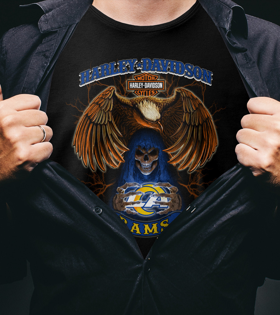 Harley Davidson Motorcycles Los Angeles Rams Nfl Eagle Skull T-Shirt