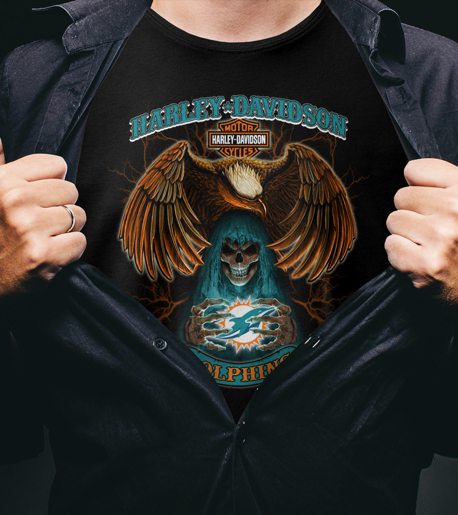 Harley Davidson Miami Dolphins Nfl Skull And Eagle Theme T-Shirt