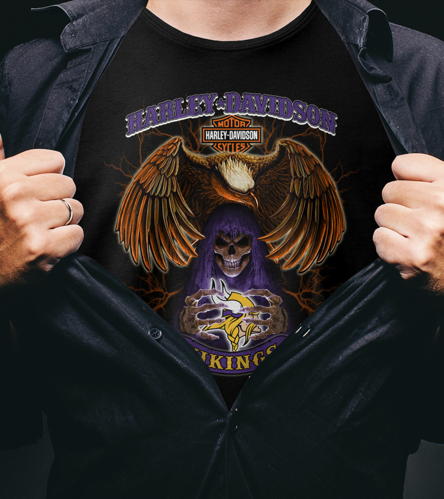 Harley Davidson Motorcycles Minnesota Vikings Eagles Skeleton T-Shirt
