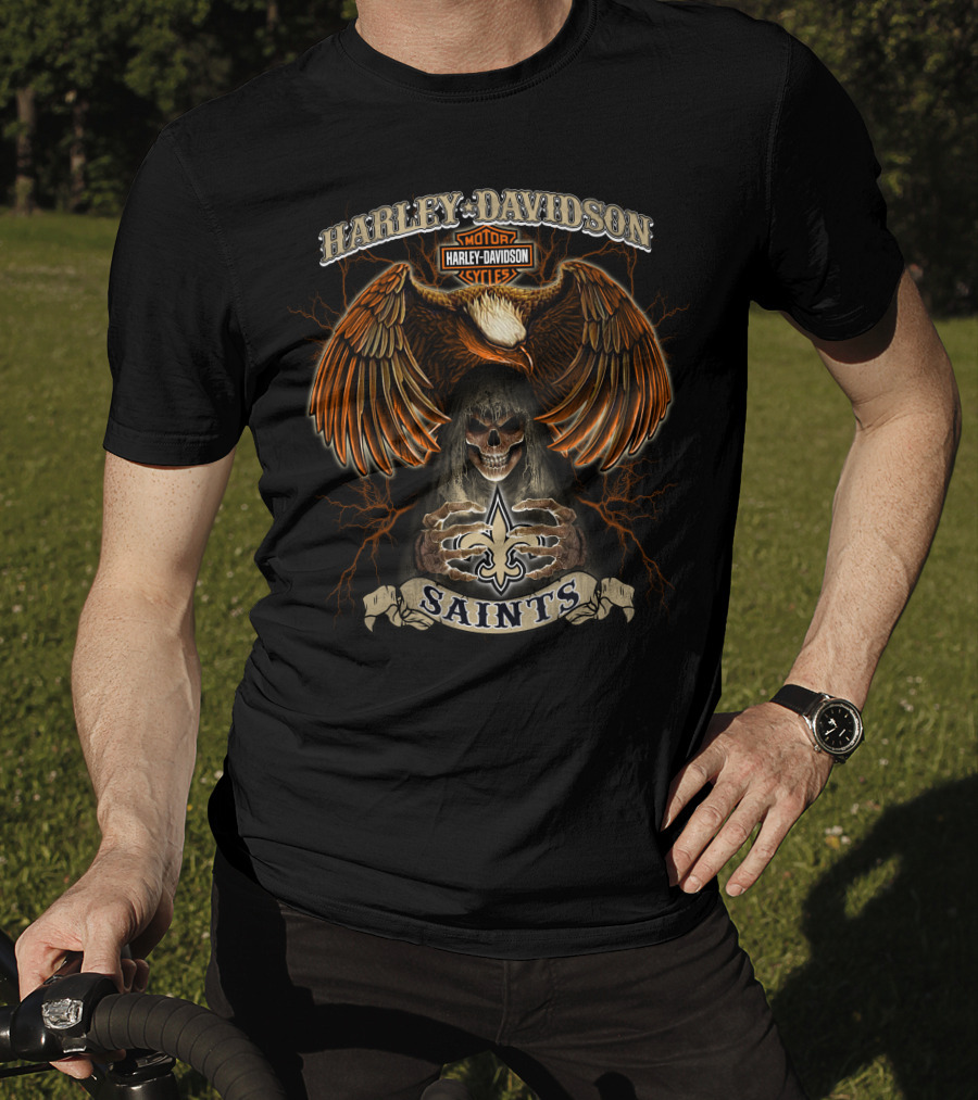 Harley Davidson Motorcycles Eagle Skull Saints Fleur-De-Lis T-Shirt