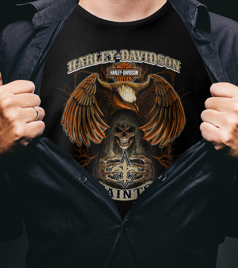 Harley Davidson Motorcycles Eagle Skull Saints Fleur-De-Lis T-Shirt