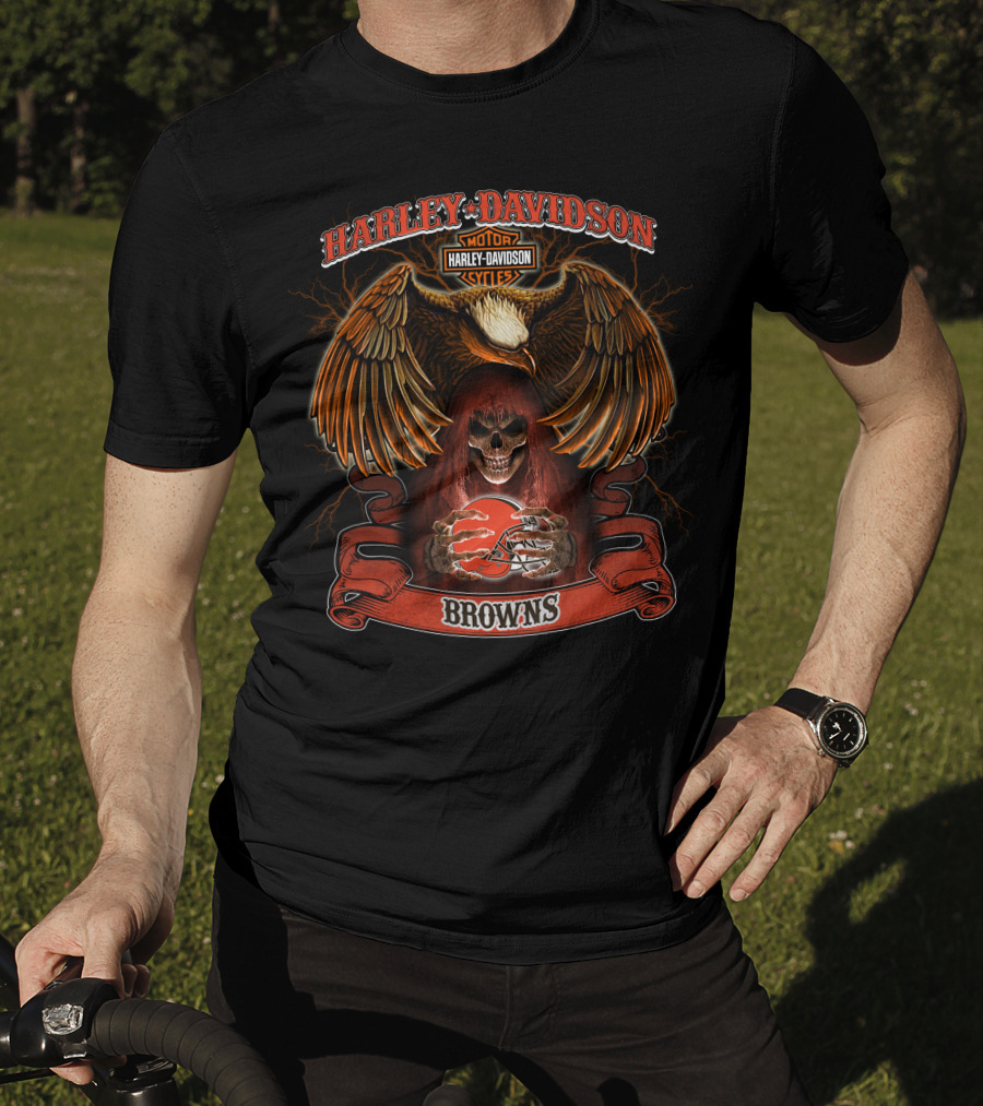 Harley Davidson Motor Cycles Eagle Skull Browns Football T-Shirt