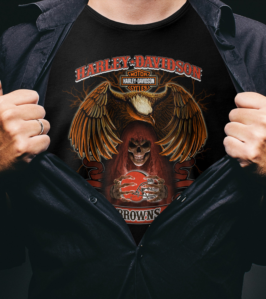 Harley Davidson Motor Cycles Eagle Skull Browns Football T-Shirt