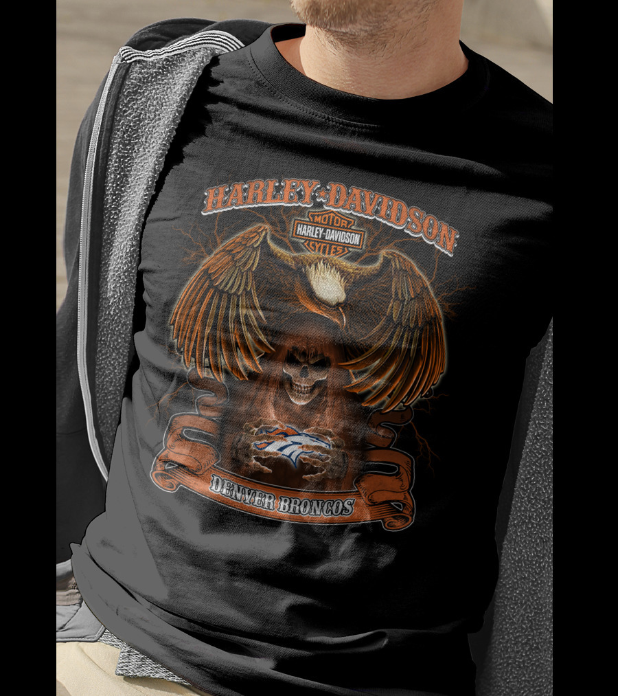 Harley Davidson Denver Broncos Nfl Eagle Skull T-Shirt