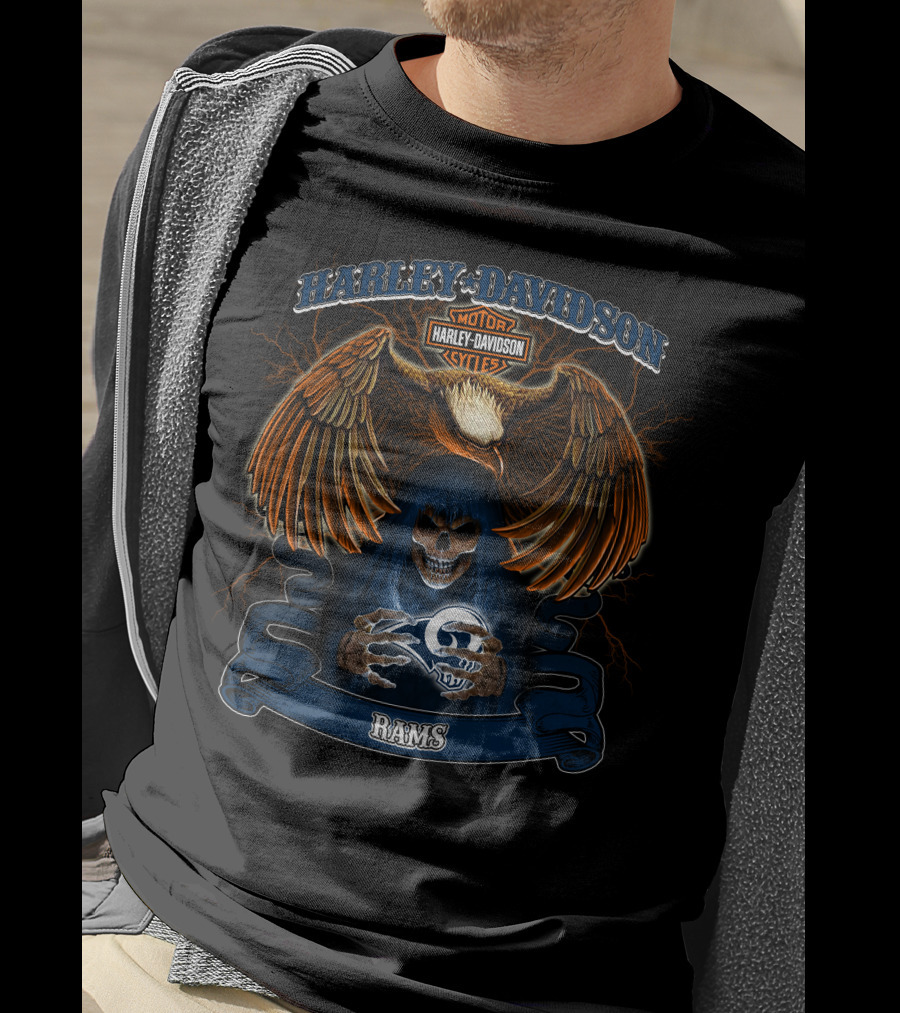 Harley Davidson Motorcycles Eagle Skull Nfl Rams T-Shirt