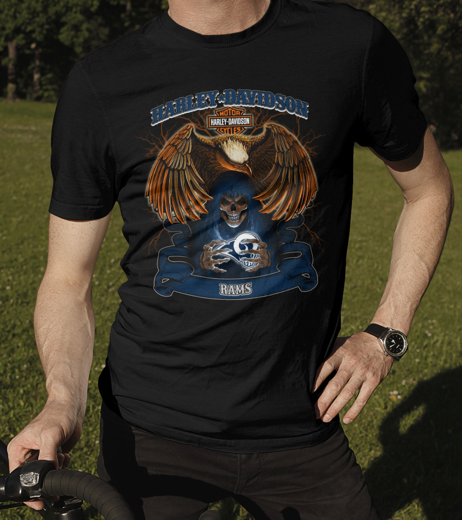 Harley Davidson Motorcycles Eagle Skull Nfl Rams T-Shirt