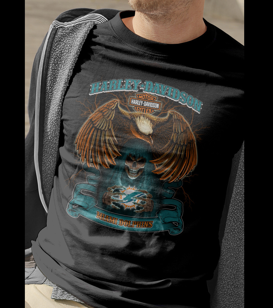 Harley Davidson Motorcycles Miami Dolphins Eagle Skull T-Shirt