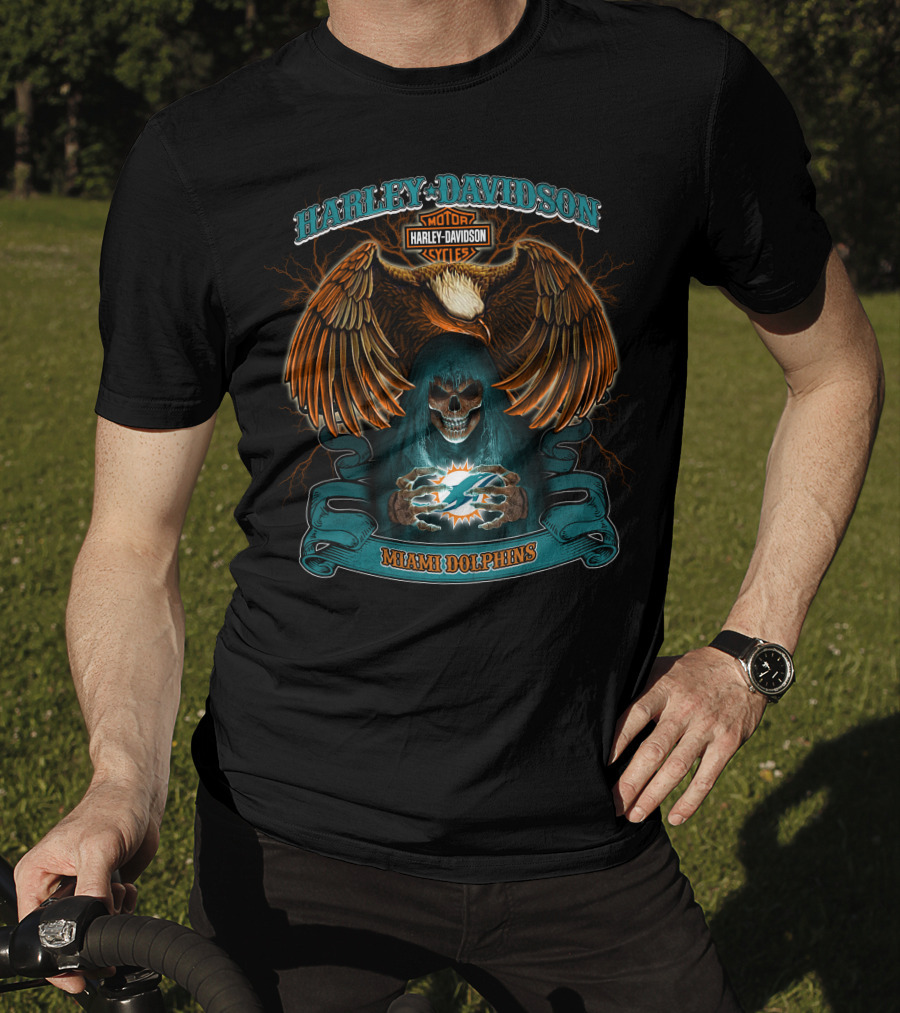 Harley Davidson Motorcycles Miami Dolphins Eagle Skull T-Shirt