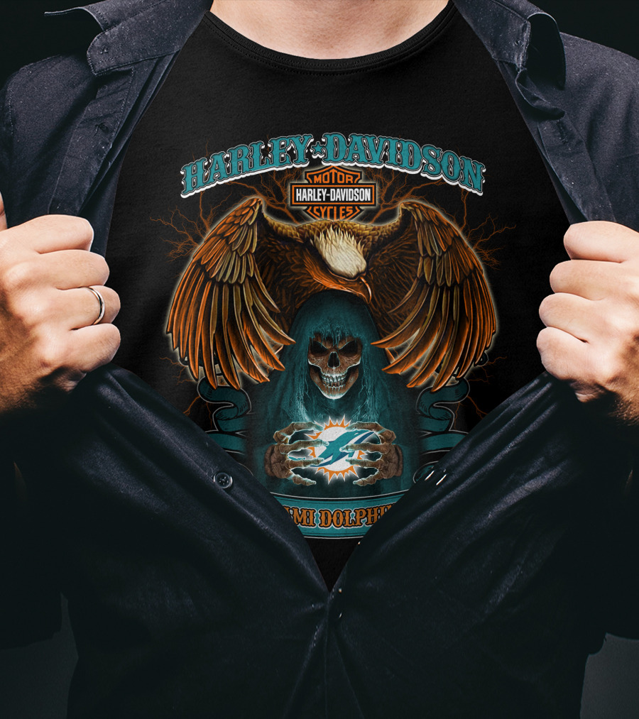Harley Davidson Motorcycles Miami Dolphins Eagle Skull T-Shirt