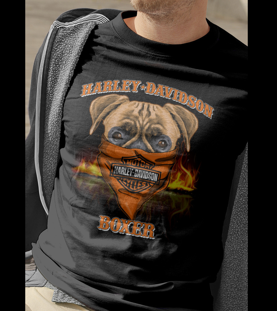 Harley Davidson Motorcycles Boxer Dog In Bandana With Flames T-Shirt