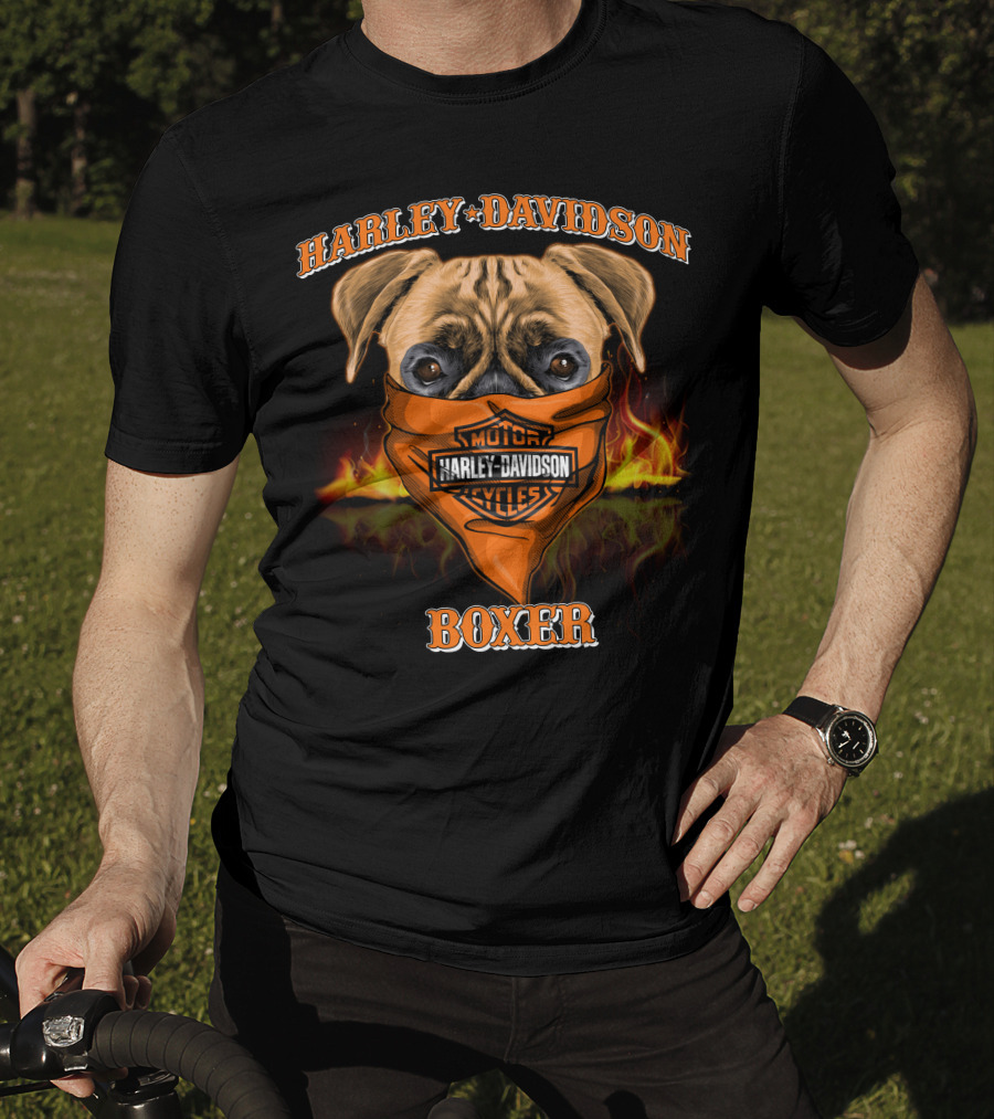 Harley Davidson Motorcycles Boxer Dog In Bandana With Flames T-Shirt