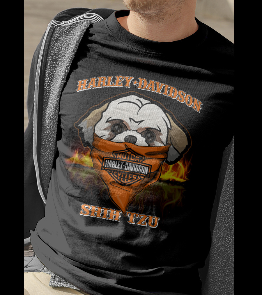 Harley Davidson Shih Tzu Motorcycle Bandana Flames T-Shirt