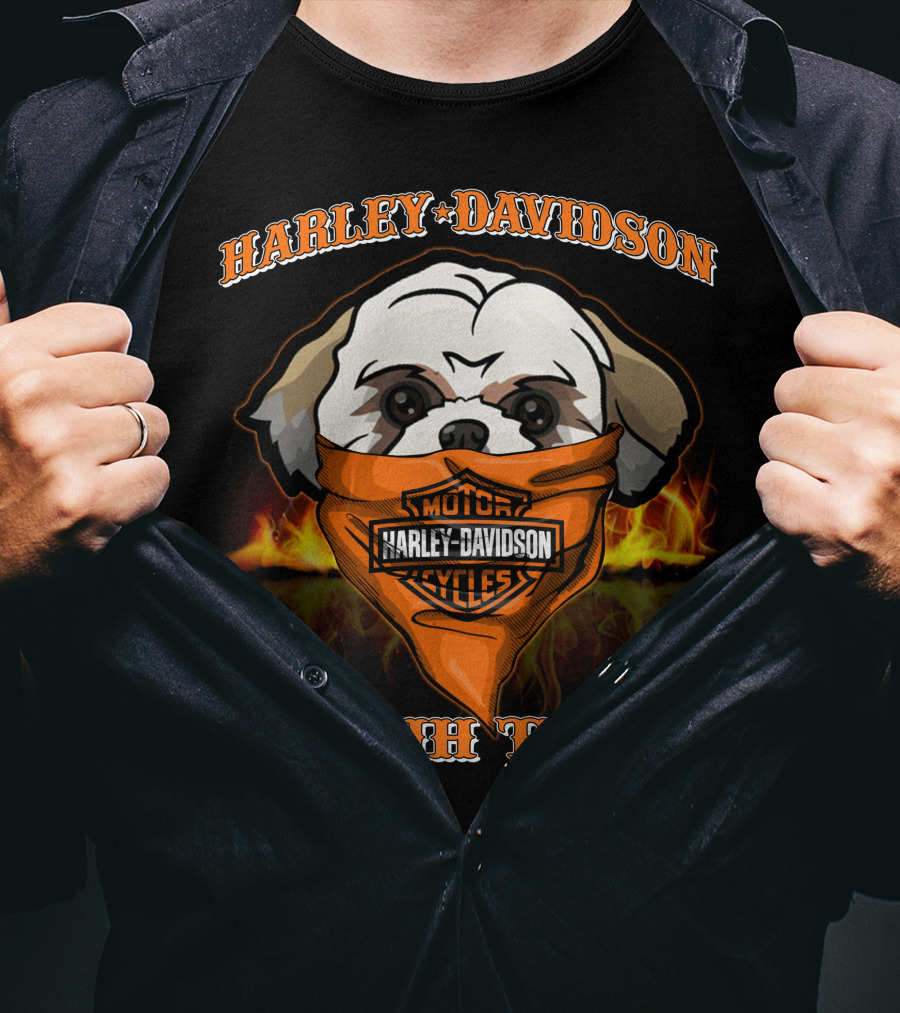 Harley Davidson Shih Tzu Motorcycle Bandana Flames T-Shirt